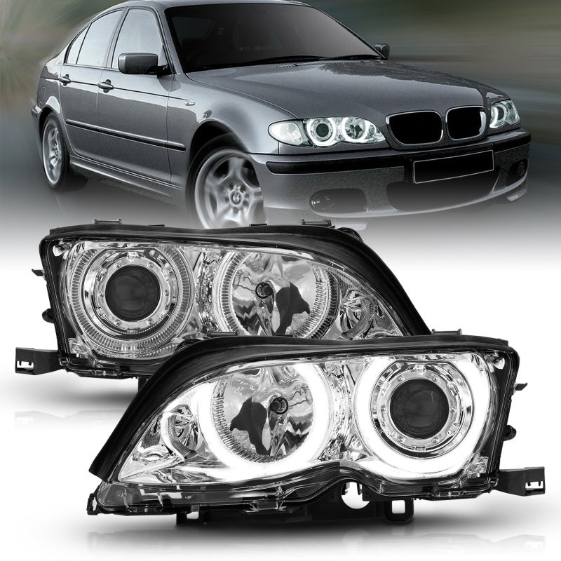 ANZO projector headlights with halo chrome for 2002-2005 BMW 3 Series E46, featuring clear lens and chrome housing.
