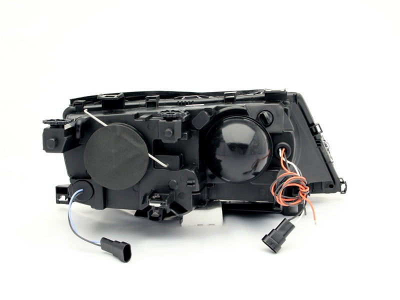 ANZO projector headlights with halo chrome for 2002-2005 BMW 3 Series E46, featuring clear lens and chrome housing.