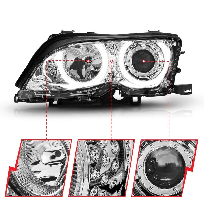 ANZO projector headlights with halo chrome for 2002-2005 BMW 3 Series E46, featuring clear lens and chrome housing.