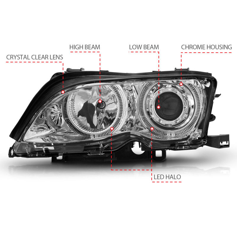 ANZO projector headlights with halo chrome for 2002-2005 BMW 3 Series E46, featuring clear lens and chrome housing.