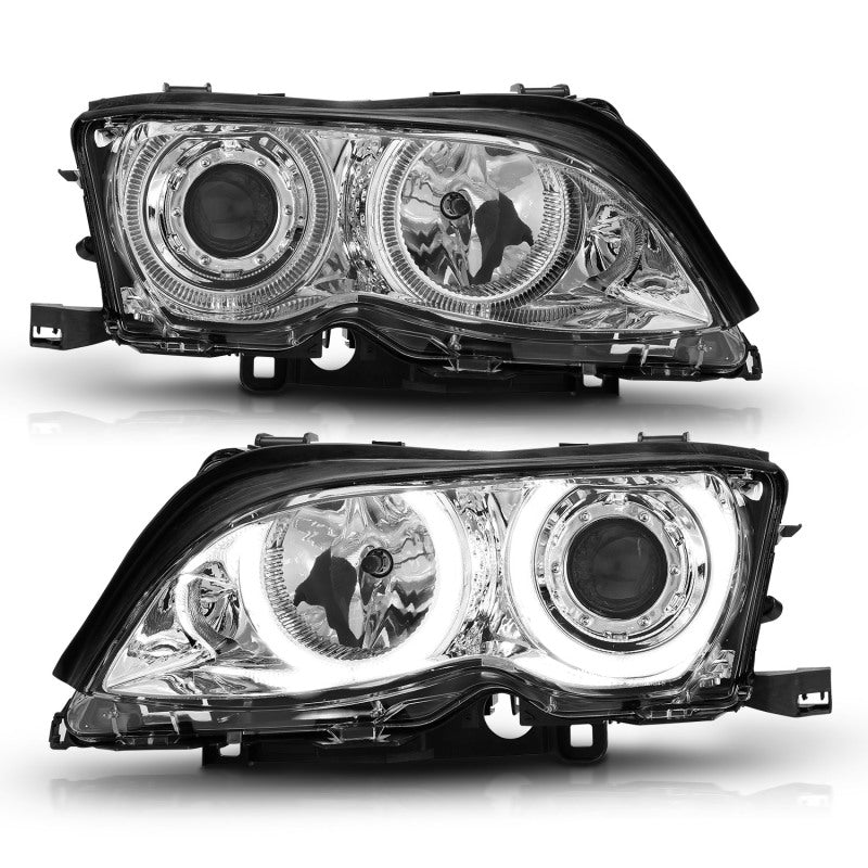ANZO projector headlights with halo chrome for 2002-2005 BMW 3 Series E46, featuring clear lens and chrome housing.