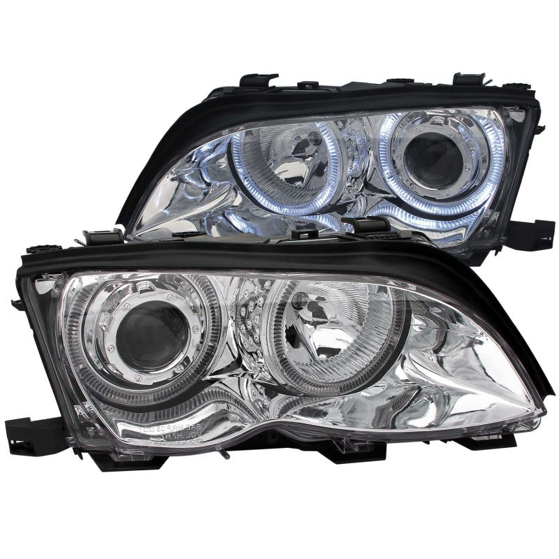 ANZO projector headlights with halo chrome for 2002-2005 BMW 3 Series E46, featuring clear lens and chrome housing.