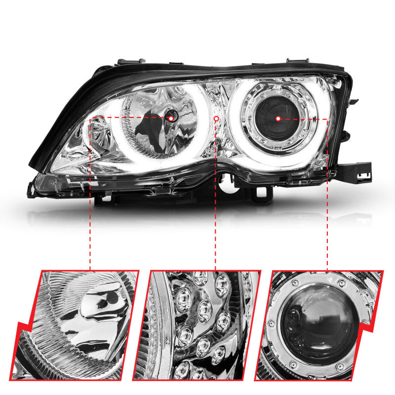 ANZO projector headlights with halo chrome for 2002-2005 BMW 3 Series E46, featuring clear lens and chrome housing.