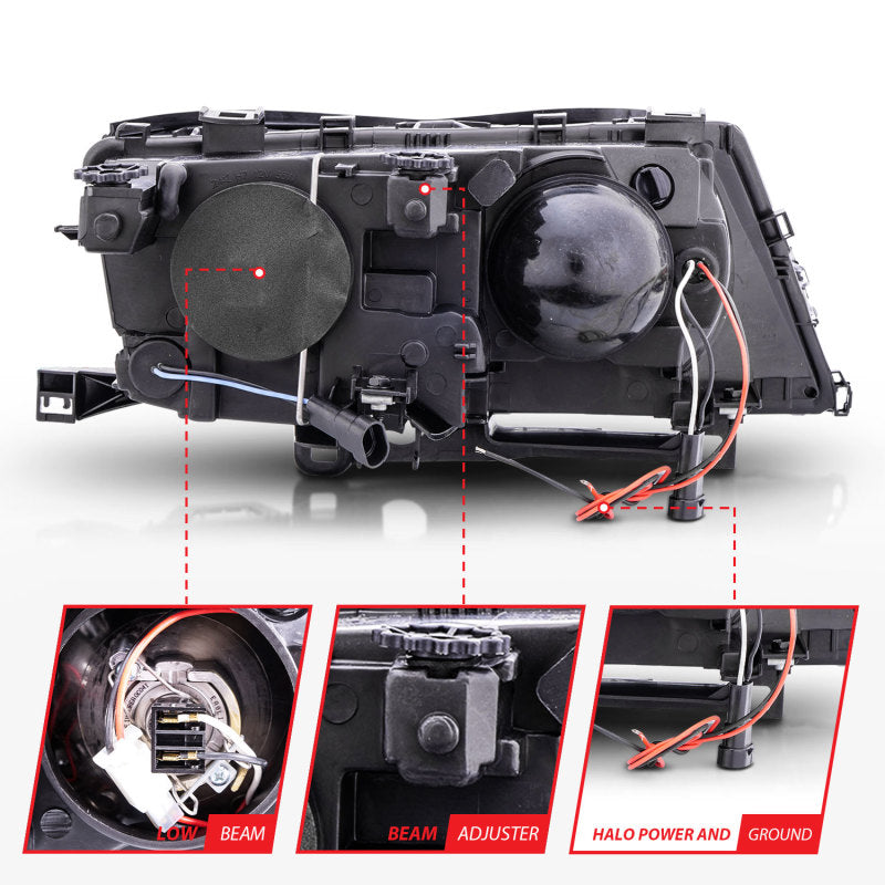 ANZO projector headlights with halo chrome for 2002-2005 BMW 3 Series E46, featuring clear lens and chrome housing.