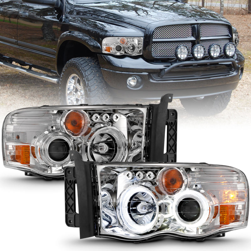 ANZO projector headlights for 2002-2005 Dodge Ram 1500 featuring halo chrome clear lenses and sleek design.