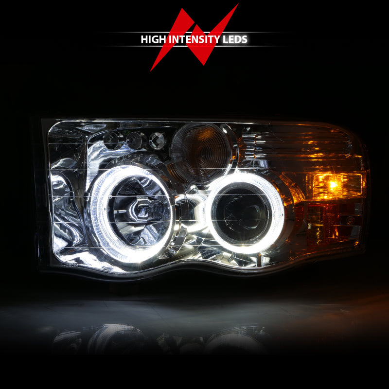 ANZO projector headlights for 2002-2005 Dodge Ram 1500 featuring halo chrome clear lenses and sleek design.