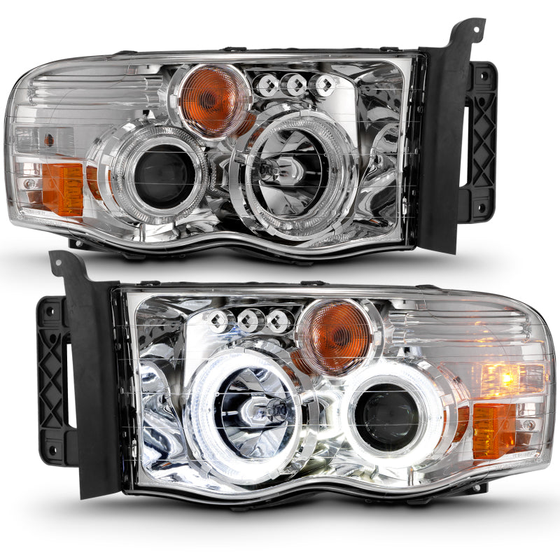 ANZO projector headlights for 2002-2005 Dodge Ram 1500 featuring halo chrome clear lenses and sleek design.