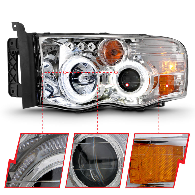 ANZO projector headlights for 2002-2005 Dodge Ram 1500 featuring halo chrome clear lenses and sleek design.