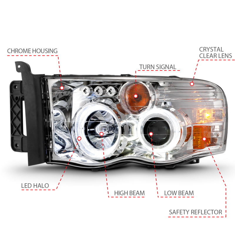 ANZO projector headlights for 2002-2005 Dodge Ram 1500 featuring halo chrome clear lenses and sleek design.