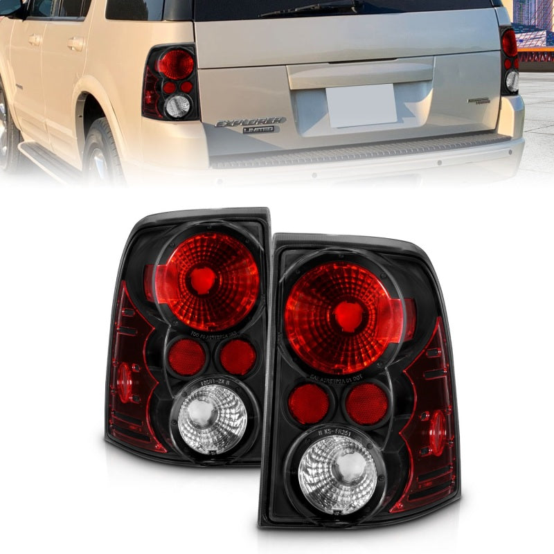 ANZO 2002-2005 Ford Explorer taillights with black housing and clear lens, showcasing sleek design and enhanced visibility.