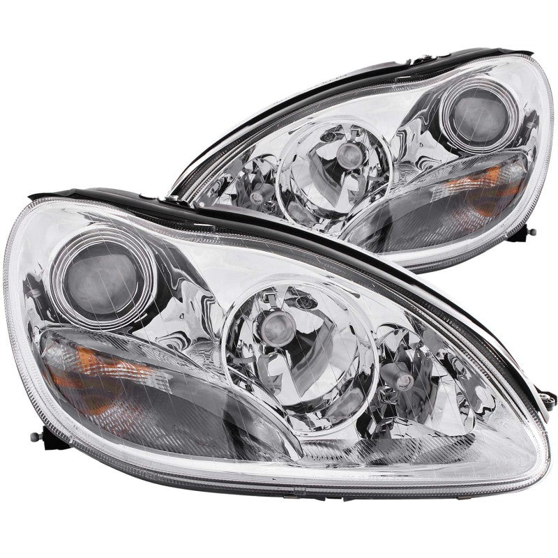 ANZO projector headlights for 2000-2005 Mercedes Benz S Class W220 with clear lens and chrome housing.