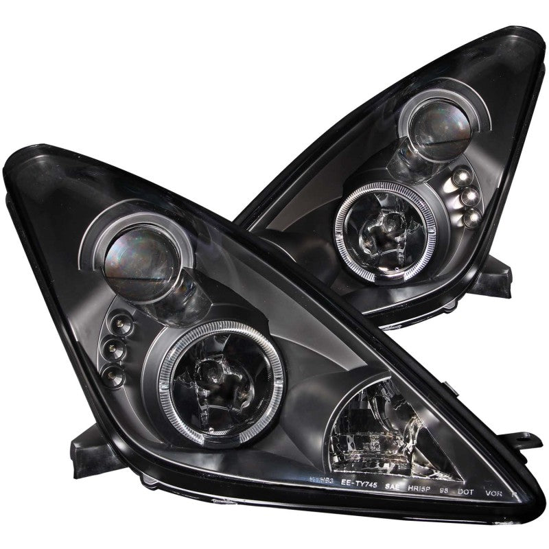 ANZO projector headlights for 2000-2005 Toyota Celica featuring black housing and halo design, enhancing vehicle aesthetics and visibility.