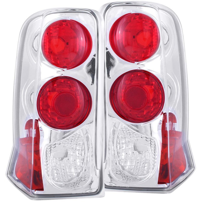 ANZO 2002-2006 Cadillac Escalade taillights with chrome housing and clear lens, designed for enhanced visibility and style.