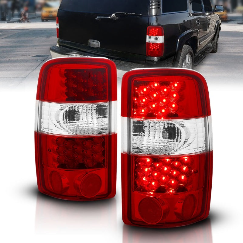 ANZO LED taillights for 2000-2006 Chevrolet Suburban, featuring a red and clear lens design for enhanced visibility.