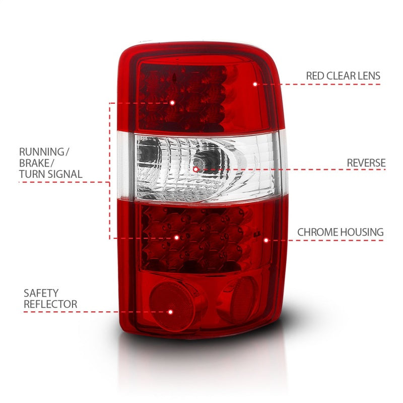 ANZO LED taillights for 2000-2006 Chevrolet Suburban, featuring a red and clear lens design for enhanced visibility.