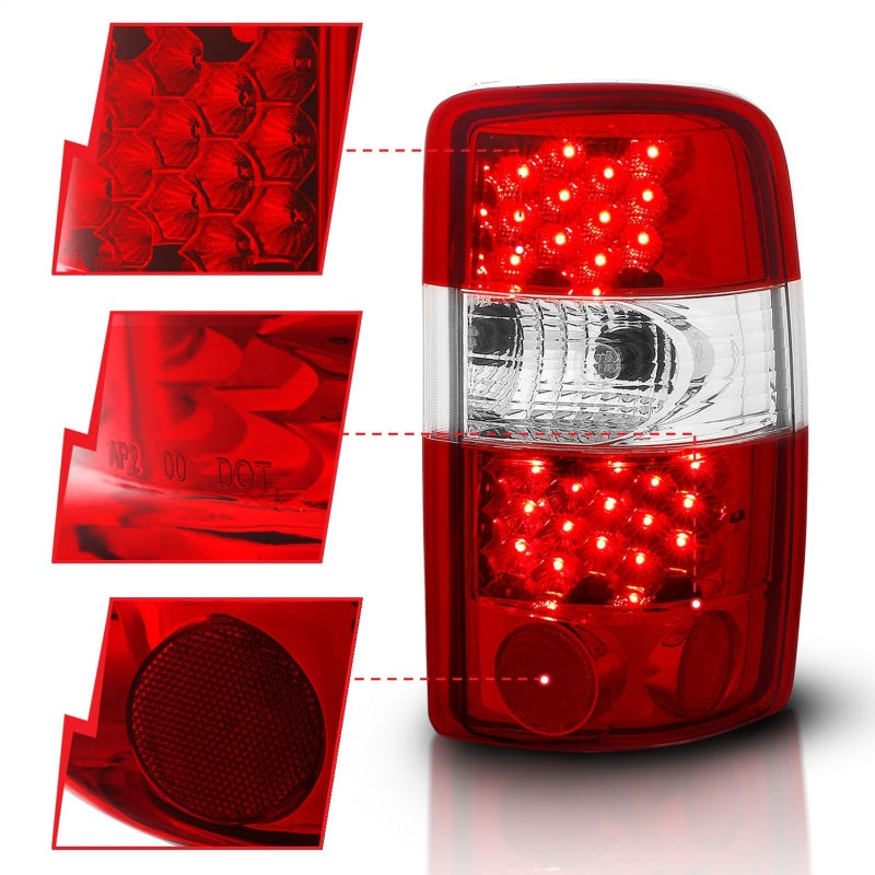ANZO LED taillights for 2000-2006 Chevrolet Suburban, featuring a red and clear lens design for enhanced visibility.