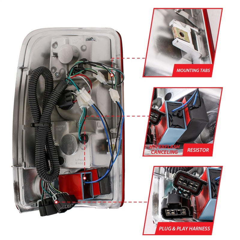 ANZO LED taillights for 2000-2006 Chevrolet Suburban, featuring a red and clear lens design for enhanced visibility.