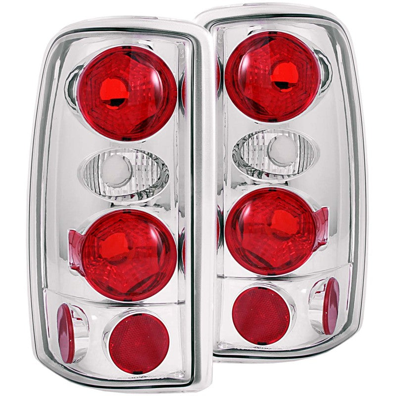 ANZO 2000-2006 Chevrolet Suburban taillights with chrome housing and clear lens, designed for easy installation.