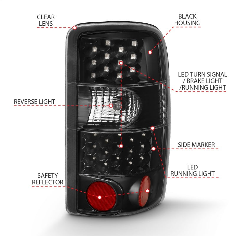 ANZO LED taillights for 2000-2006 Chevrolet Tahoe in black and clear design, showcasing modern styling and enhanced visibility.