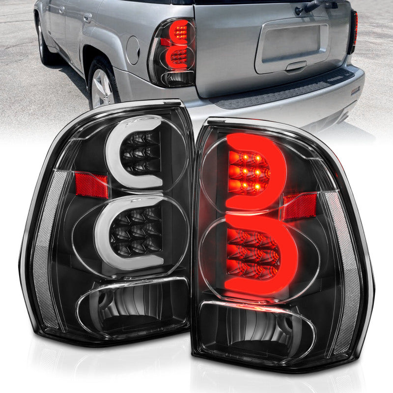 ANZO LED Tail Lights for 2002-2009 Chevrolet Trailblazer with light bar design, showcasing sleek and modern styling.