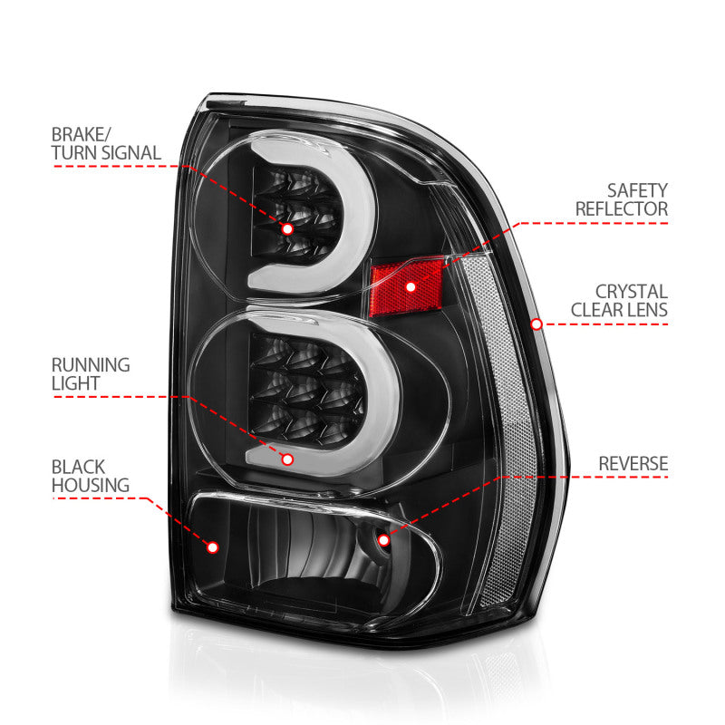 ANZO LED Tail Lights for 2002-2009 Chevrolet Trailblazer with light bar design, showcasing sleek and modern styling.