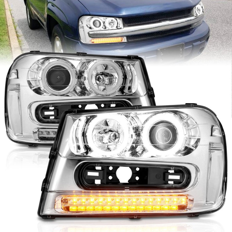 ANZO 2002-2009 Chevrolet Trailblazer Projector Headlights with Halo, featuring clear lens and chrome housing for enhanced visibility and style.