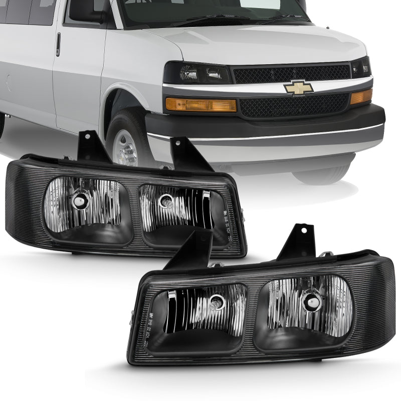 ANZO 2003-2017 Chevy Express Crystal Headlight in black, showcasing its sleek design and clear lens.