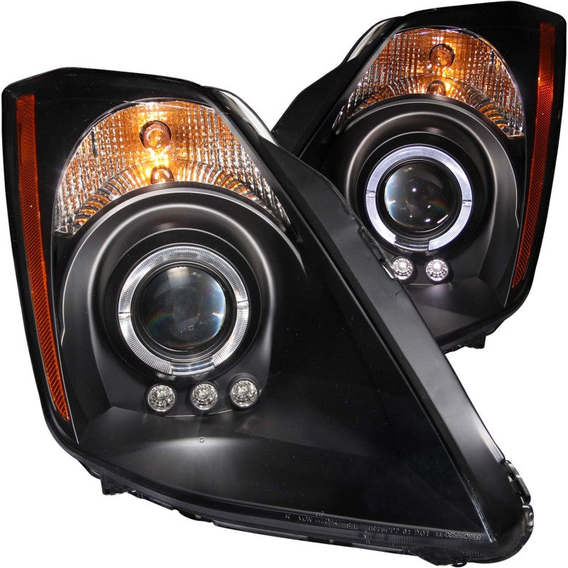 ANZO 2003-2005 Nissan 350Z Projector Headlights with Halo in black housing, showcasing clear lens and stylish design.