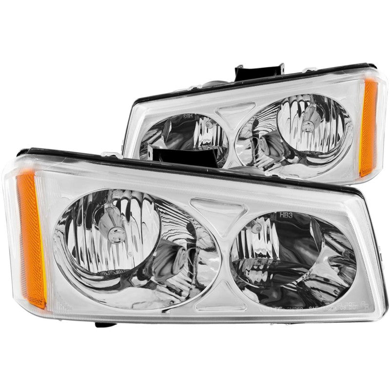 ANZO Crystal Headlight Set for 2003-2006 Chevrolet Silverado 1500 featuring clear lens and chrome housing.