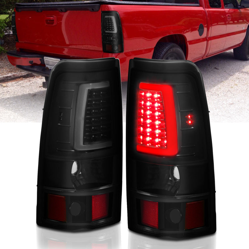 ANZO LED taillights for 2003-2006 Chevy Silverado 1500 with smoke lens and plank style design.