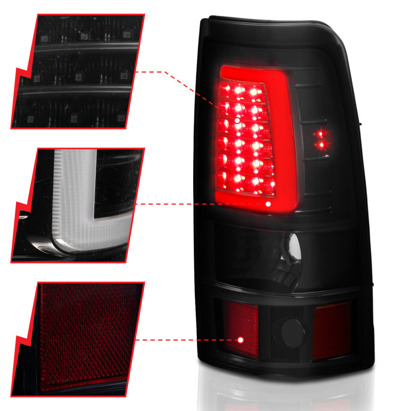 ANZO LED taillights for 2003-2006 Chevy Silverado 1500 with smoke lens and plank style design.