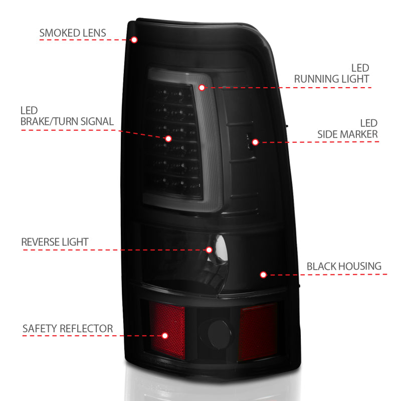 ANZO LED taillights for 2003-2006 Chevy Silverado 1500 with smoke lens and plank style design.