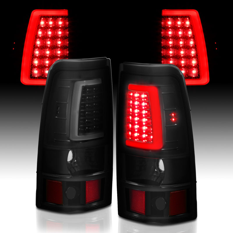 ANZO LED taillights for 2003-2006 Chevy Silverado 1500 with smoke lens and plank style design.