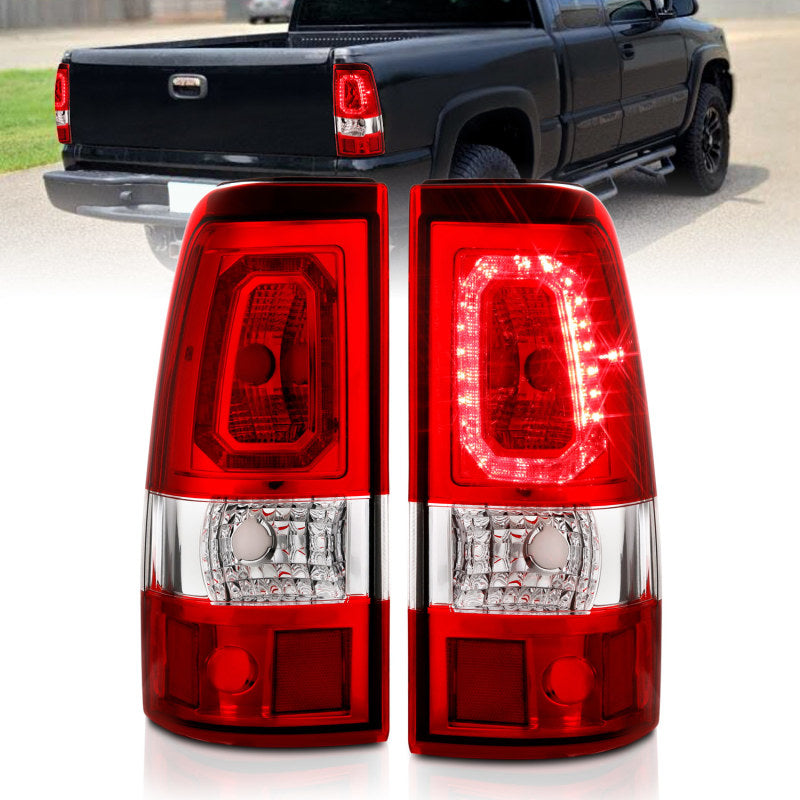 ANZO LED taillights for 2003-2006 Chevy Silverado 1500 with chrome housing and red/clear lens in plank style design.