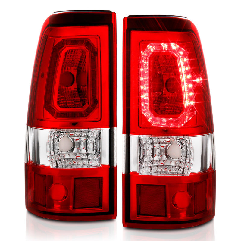 ANZO LED taillights for 2003-2006 Chevy Silverado 1500 with chrome housing and red/clear lens in plank style design.