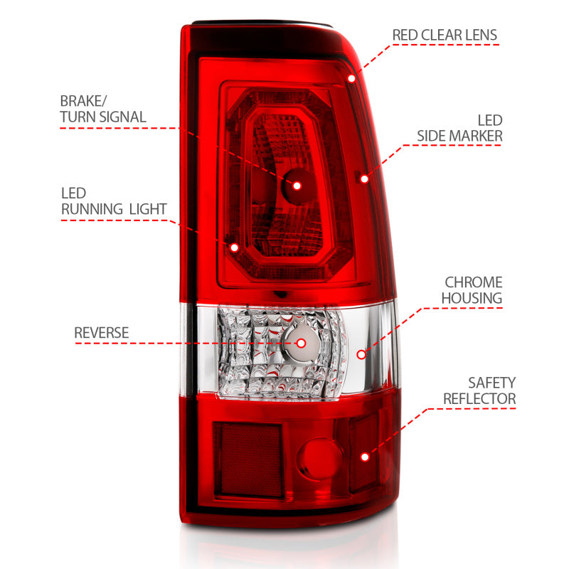 ANZO LED taillights for 2003-2006 Chevy Silverado 1500 with chrome housing and red/clear lens in plank style design.