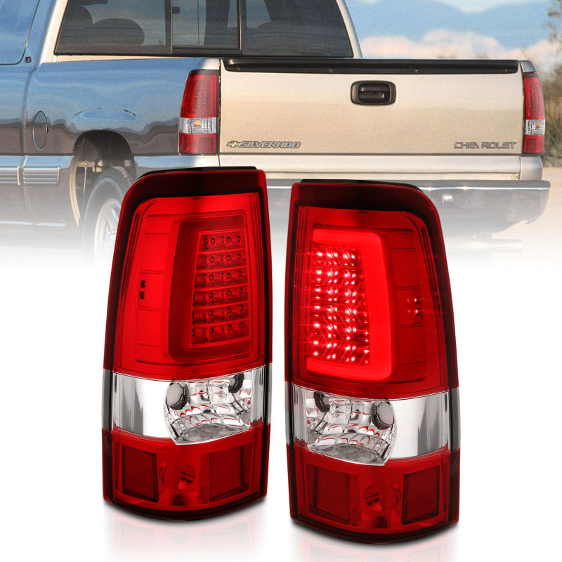 ANZO LED taillights for 2003-2006 Chevy Silverado 1500 with chrome housing and plank style design.