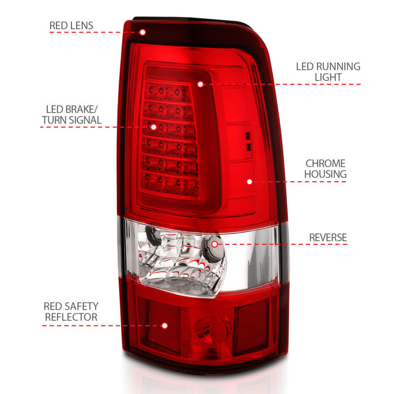 ANZO LED taillights for 2003-2006 Chevy Silverado 1500 with chrome housing and plank style design.