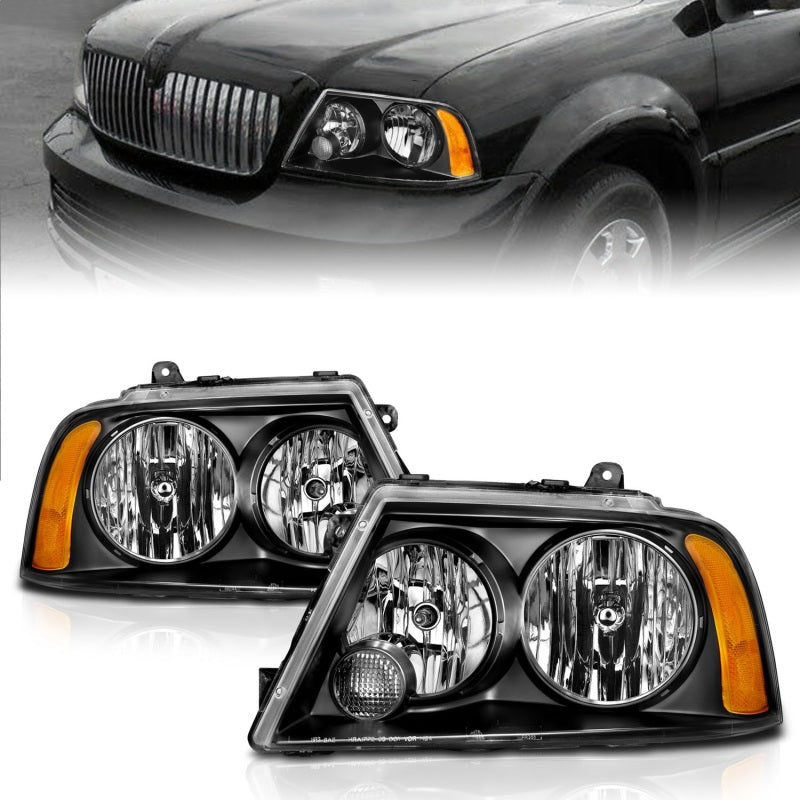 ANZO 2003-2006 Lincoln Navigator Crystal Headlights with black housing and clear lens, showcasing modern design and enhanced visibility.