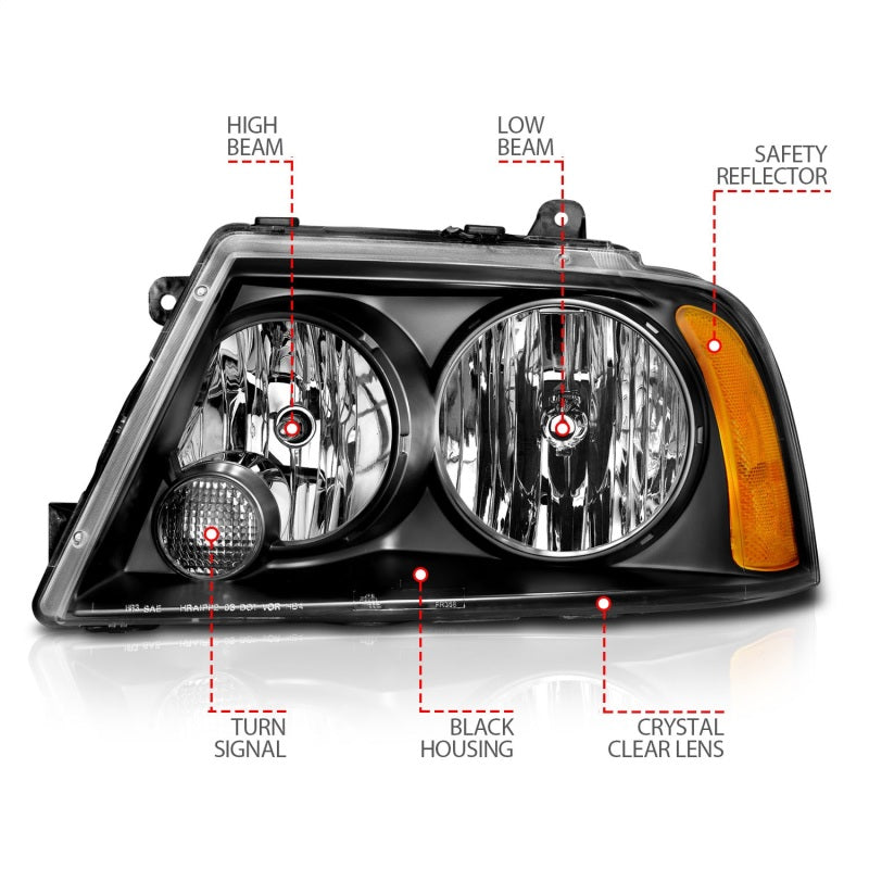 ANZO 2003-2006 Lincoln Navigator Crystal Headlights with black housing and clear lens, showcasing modern design and enhanced visibility.