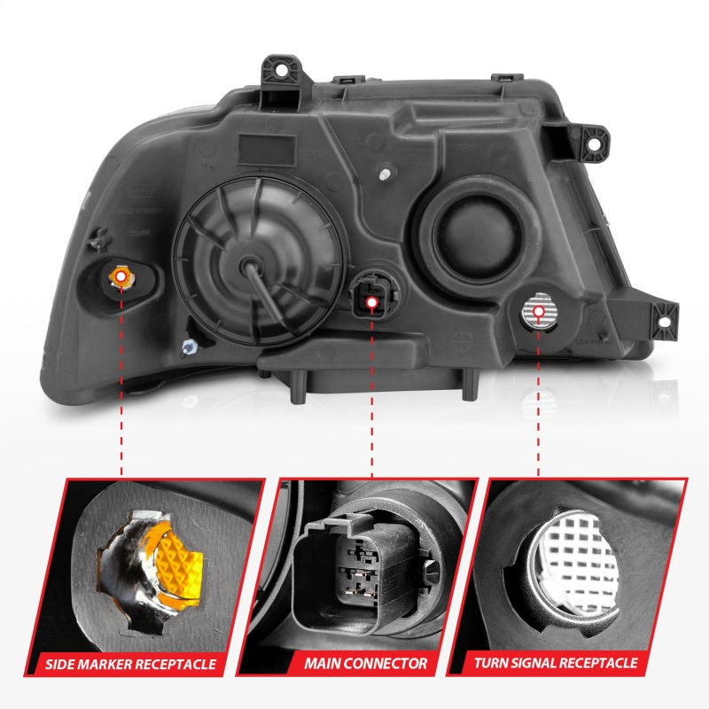 ANZO 2003-2006 Lincoln Navigator Crystal Headlights with black housing and clear lens, showcasing modern design and enhanced visibility.