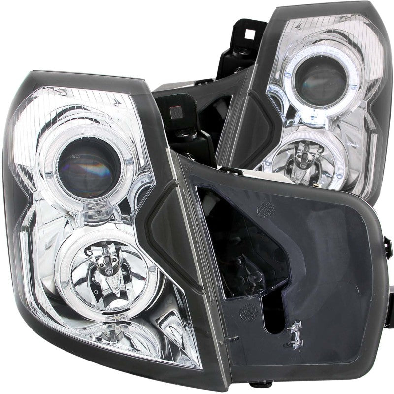 ANZO projector headlights with halo chrome for 2003-2007 Cadillac CTS, featuring clear lens and chrome housing.