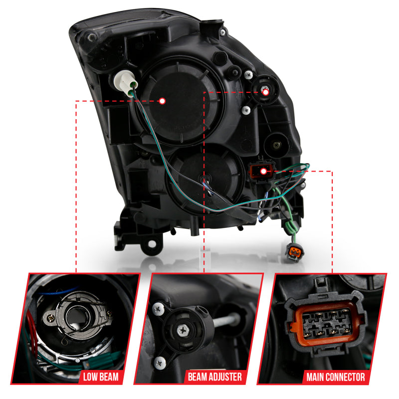 ANZO 2003-2007 Infiniti G35 Projector Headlight in black with HID technology, showcasing sleek design and powerful illumination.