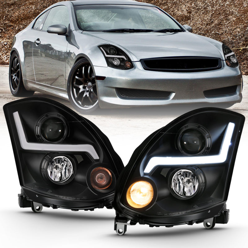 ANZO 2003-2007 Infiniti G35 Projector Headlight in black with HID technology, showcasing sleek design and powerful illumination.