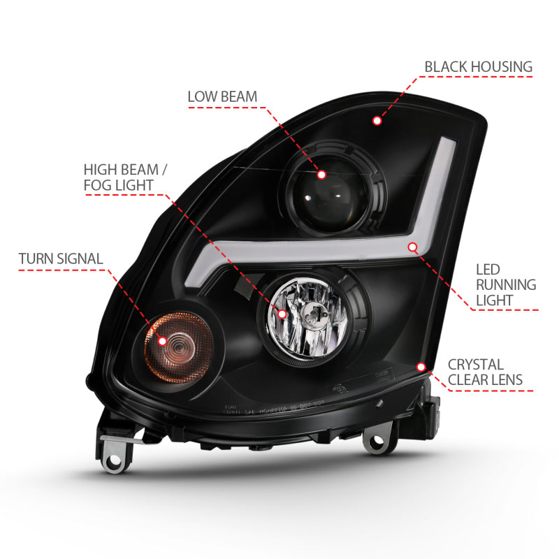 ANZO 2003-2007 Infiniti G35 Projector Headlight in black with HID technology, showcasing sleek design and powerful illumination.