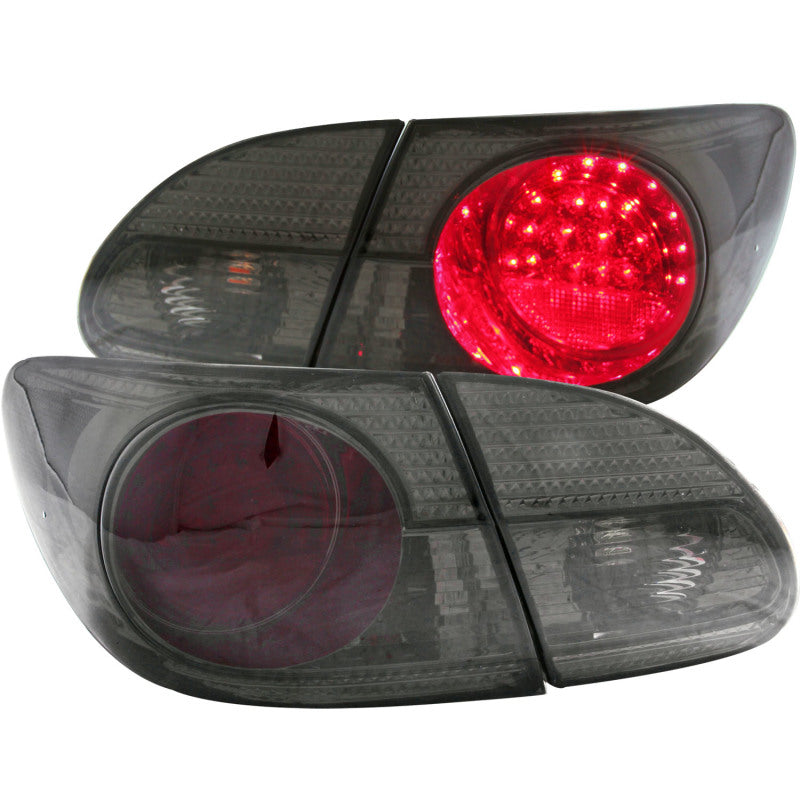 ANZO LED taillights for 2003-2008 Toyota Corolla in red and smoke lens, showcasing modern design and bright illumination.