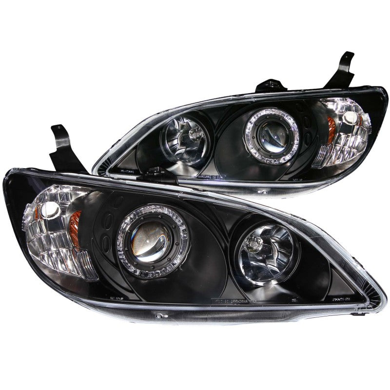 ANZO 2004-2005 Honda Civic projector headlights with halo black housing, showcasing clear lens and modern design.