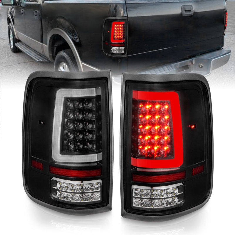 ANZO LED Tail Lights for 2004-2006 Ford F-150 with black housing and light bar design, enhancing vehicle appearance and safety.