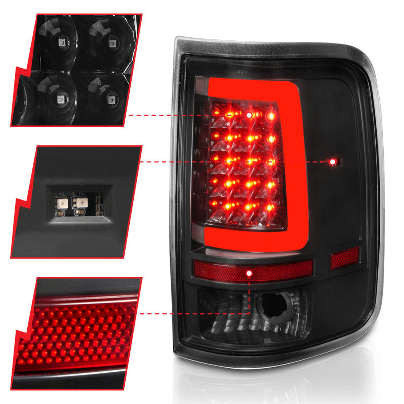 ANZO LED Tail Lights for 2004-2006 Ford F-150 with black housing and light bar design, enhancing vehicle appearance and safety.