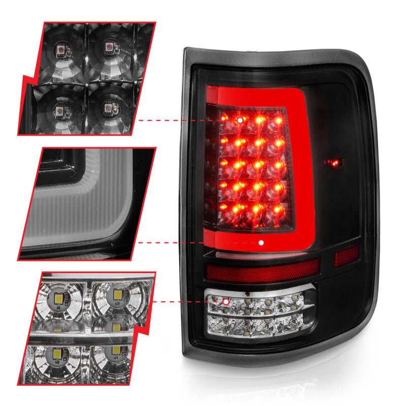 ANZO LED Tail Lights for 2004-2006 Ford F-150 with black housing and light bar design, enhancing vehicle appearance and safety.